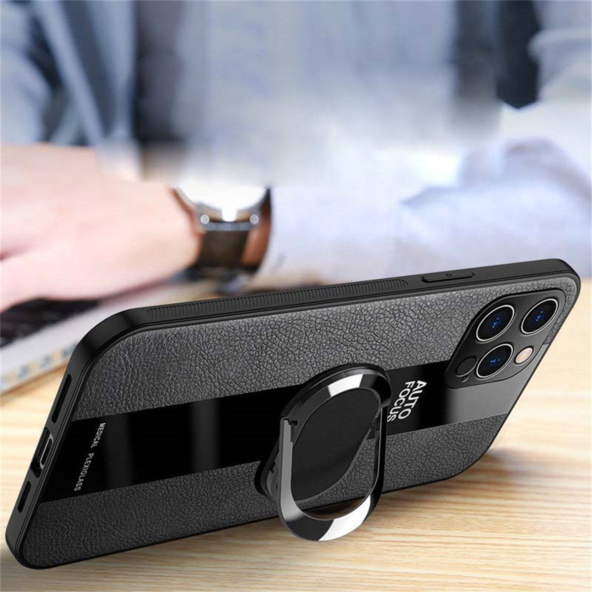 Apple Business Mature Style Men's Magnetic Ring Stand Leather Phone Case