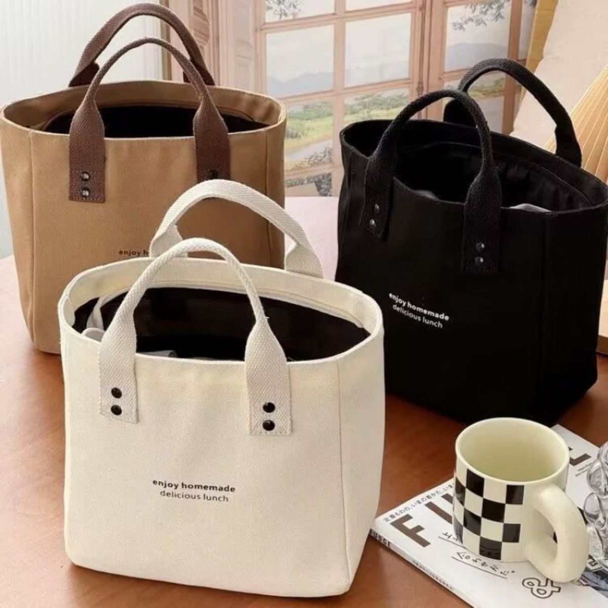 Canvas solid color handbag Japanese style lunch mommy handbag for women