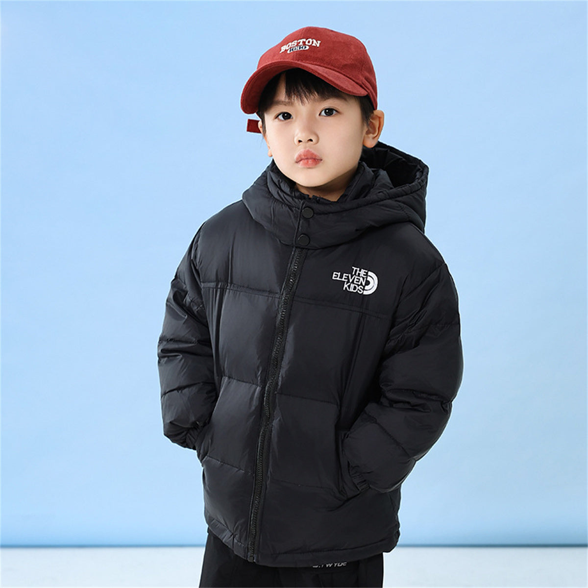 Winter color matching simple waterproof warm hooded short down jacket for middle and large boys and girls