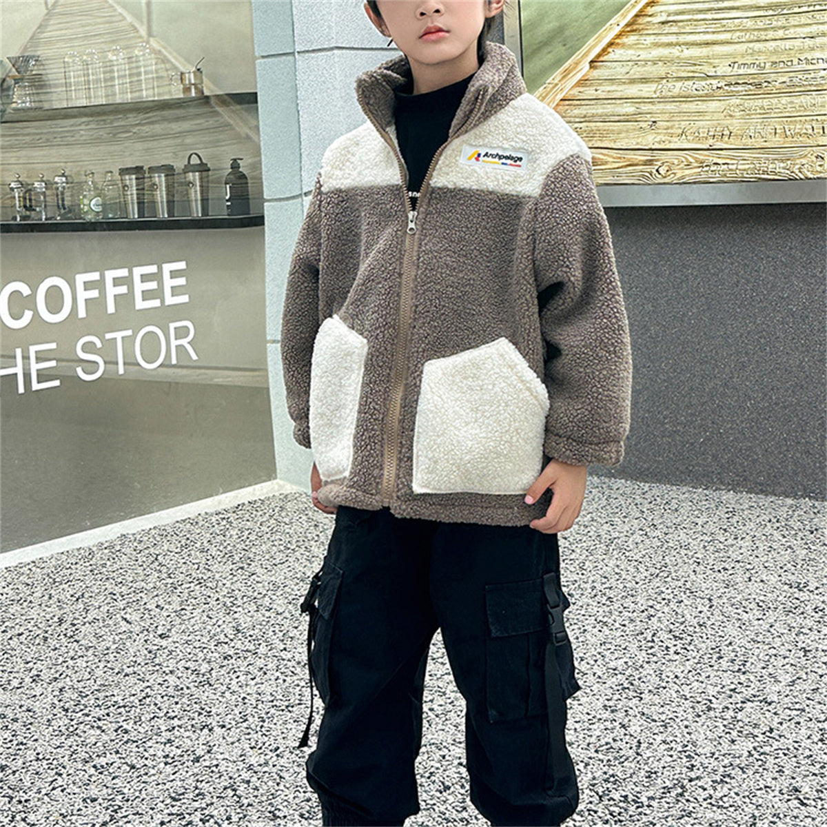 Winter plush and thickened color matching casual jacket for boys and girls