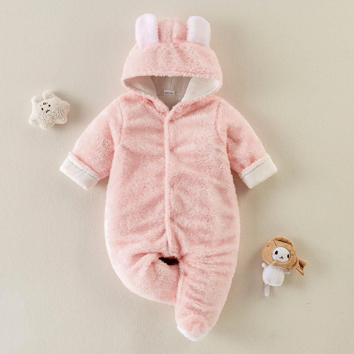 Baby Solid Color Bear Ear Plush Long-sleeved Long-leg Romper