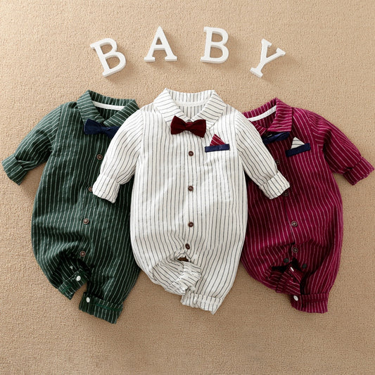 Baby Boy Bow Decor Striped Long-sleeved long-leg romper