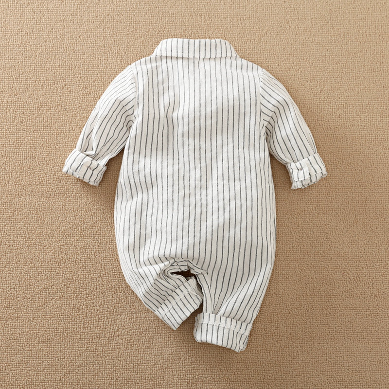 Baby Boy Bow Decor Striped Long-sleeved long-leg romper