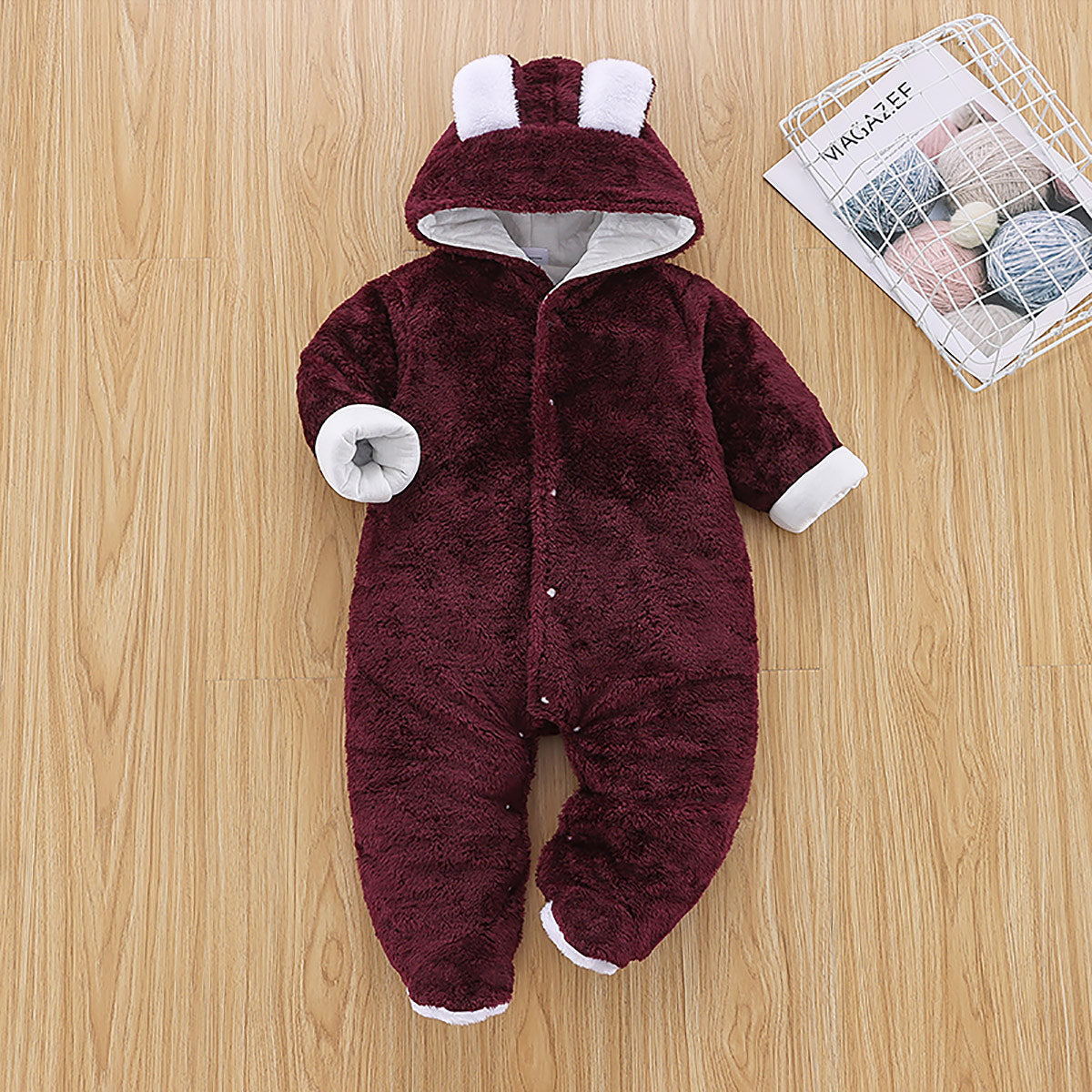 Baby Solid Color Bear Ear Plush Long-sleeved Long-leg Romper