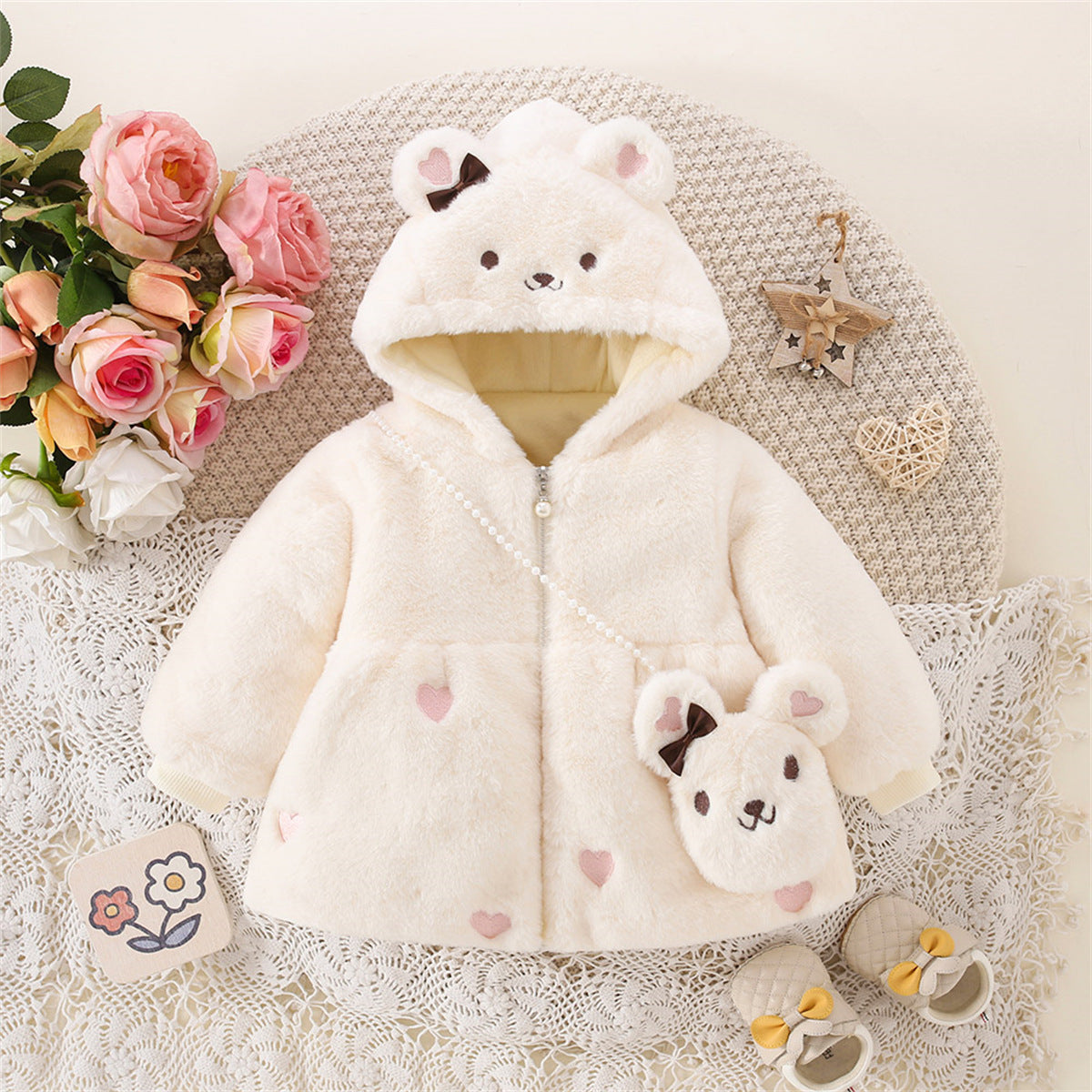 New winter girls embroidered love cartoon bunny wool sweater with bunny bag