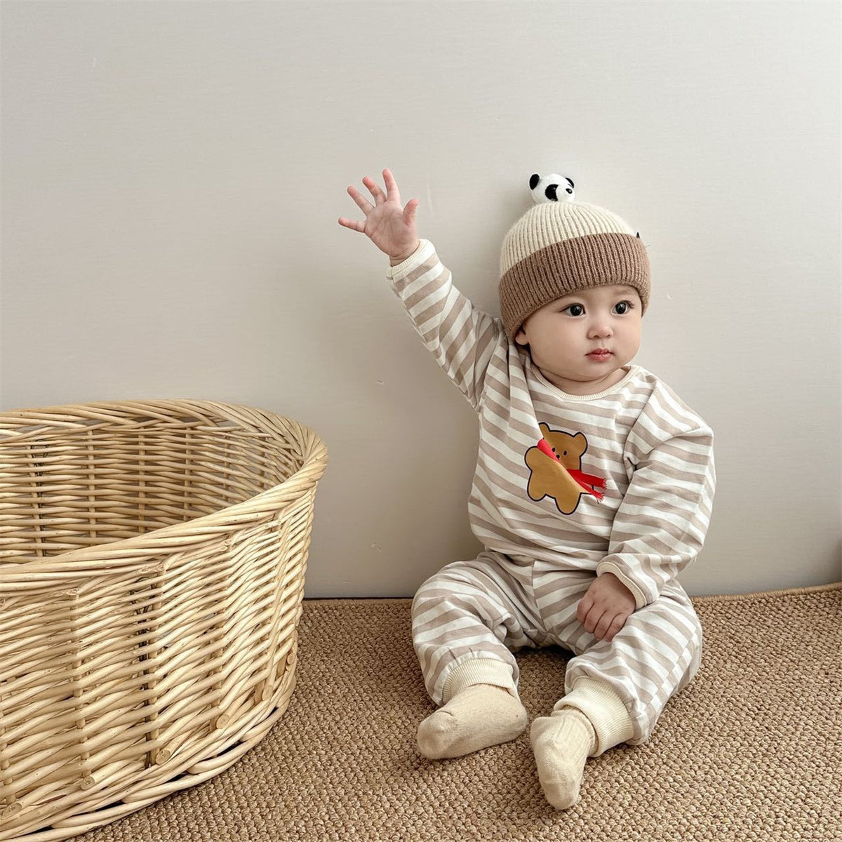 Infant and toddler bear suit cartoon top with cuffs and large PP pants two-piece suit