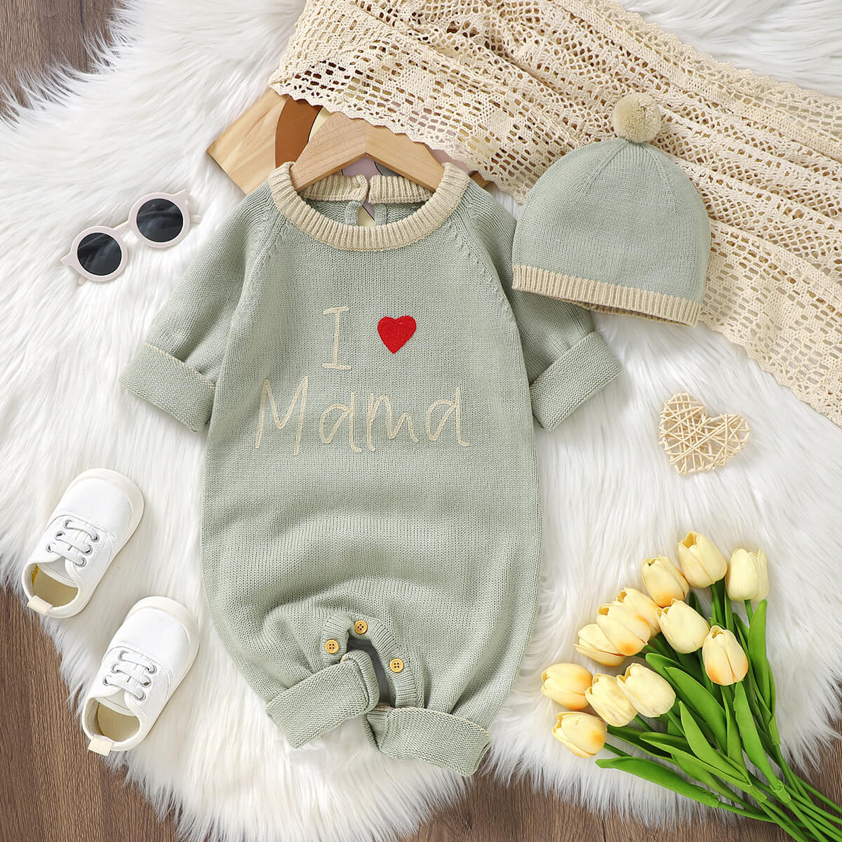 Infant and toddler knitted embroidery I love mom one-piece long-sleeved romper long-legged crawling clothes