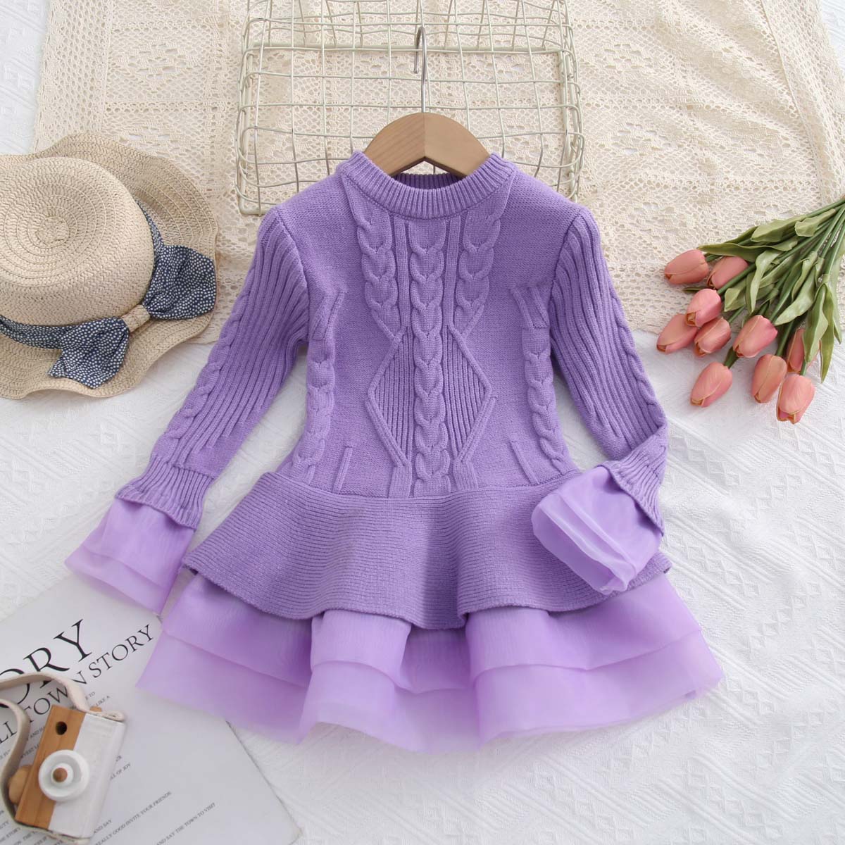 Multicolor Autumn Children's Clothing Knitted Long Sleeve Girls Princess Organza Sweater Dress