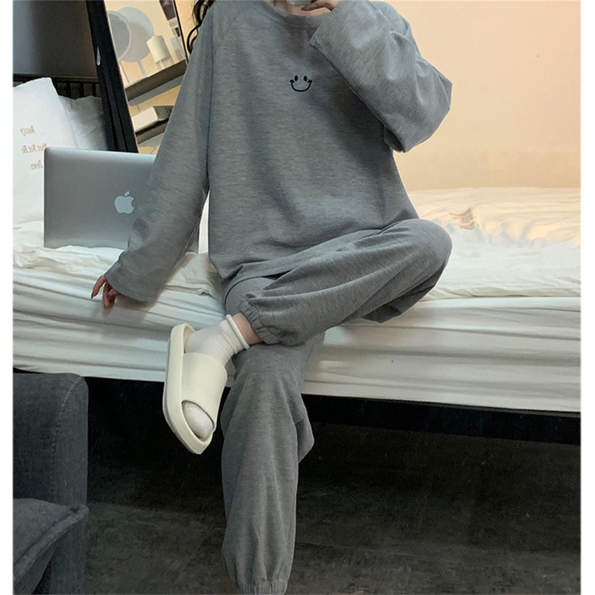 Long-sleeved waffle pajamas sweet girl round neck loose casual home clothes