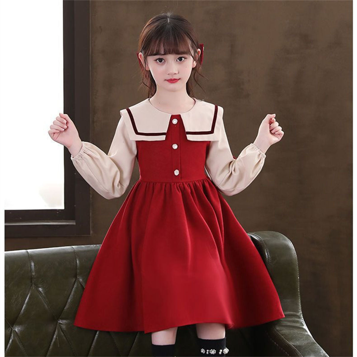 Autumn color matching sweet princess style navy collar bow long sleeve dress for middle and large children girls