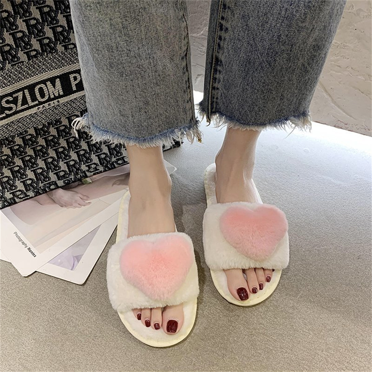 Furry love heart style autumn and winter temperament slippers shallow mouth women flat heel flat bottom daily home furry cotton slippers love word fur slippers