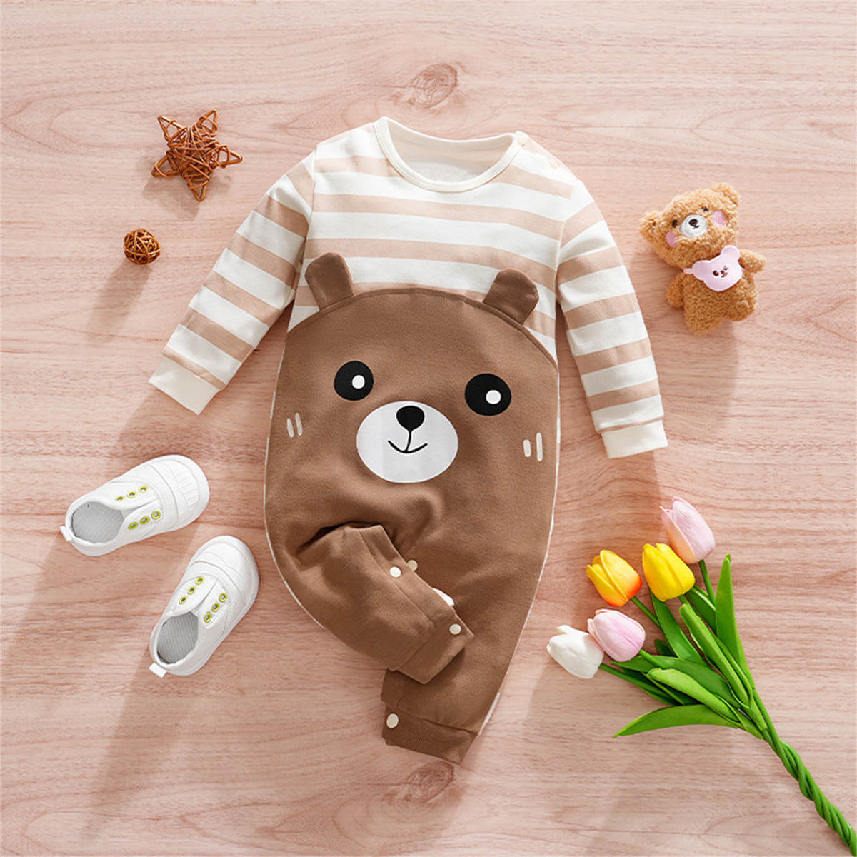 Pure cotton baby autumn and winter striped bear crawling clothes