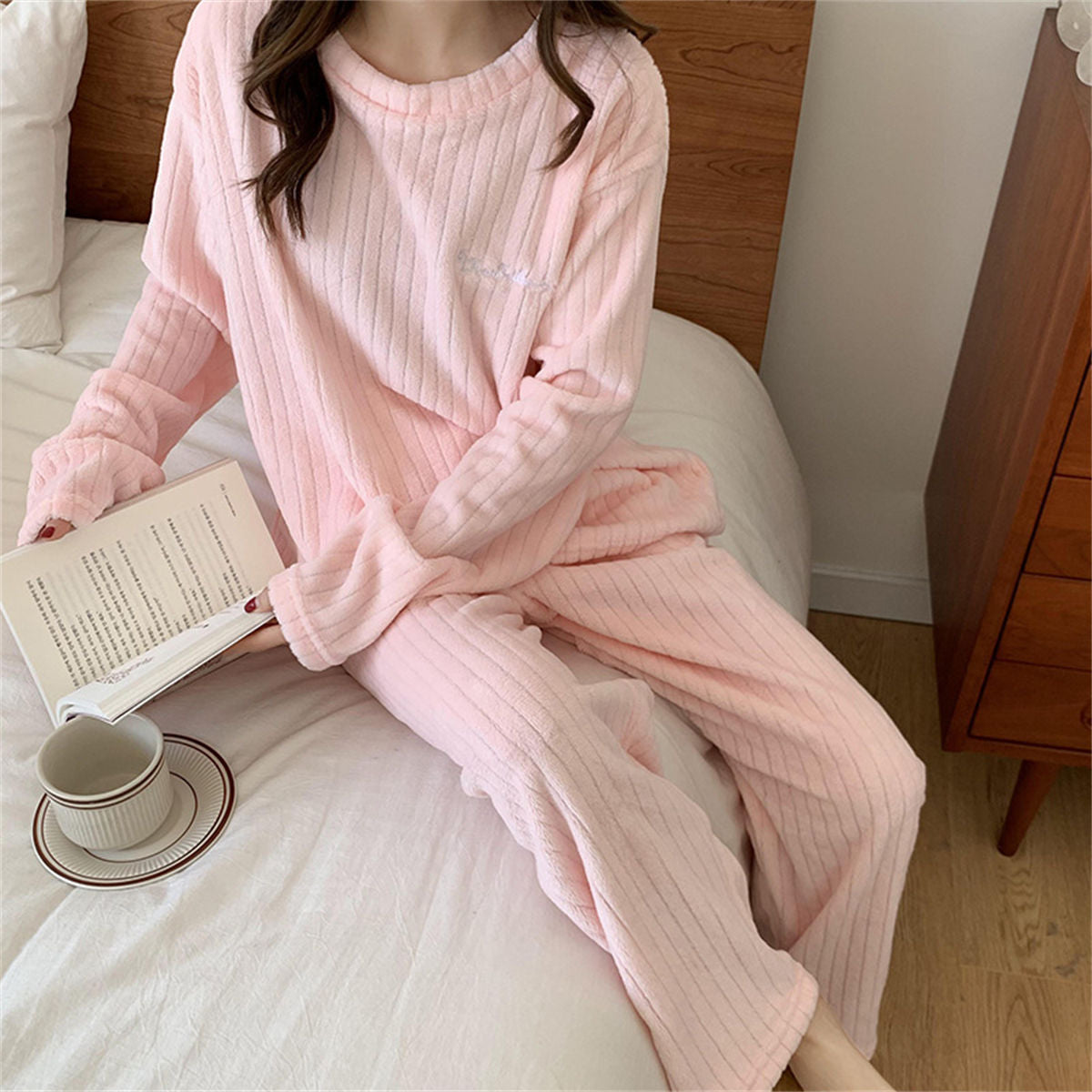 Coral Fleece Pajamas Women's Long Sleeve Thickened Home Clothes Peach Comfort Cotton Set