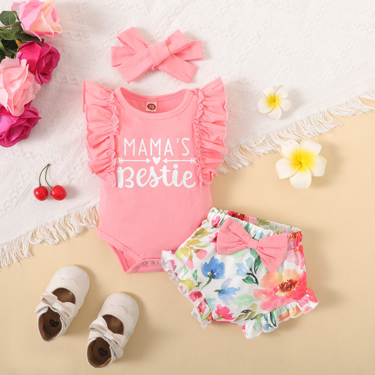 3-piece Baby Girl Ruffled Letter Printed Sleeveless Top & Allover Printing Bowknot Decor Shorts & Headwrap