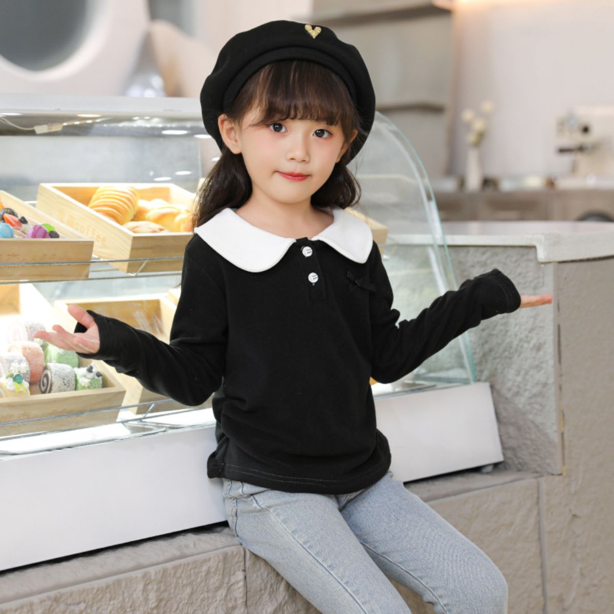 Children's autumn and winter doll collar bottoming shirt for girls fashionable and versatile long-sleeved T-shirt baby sweet top