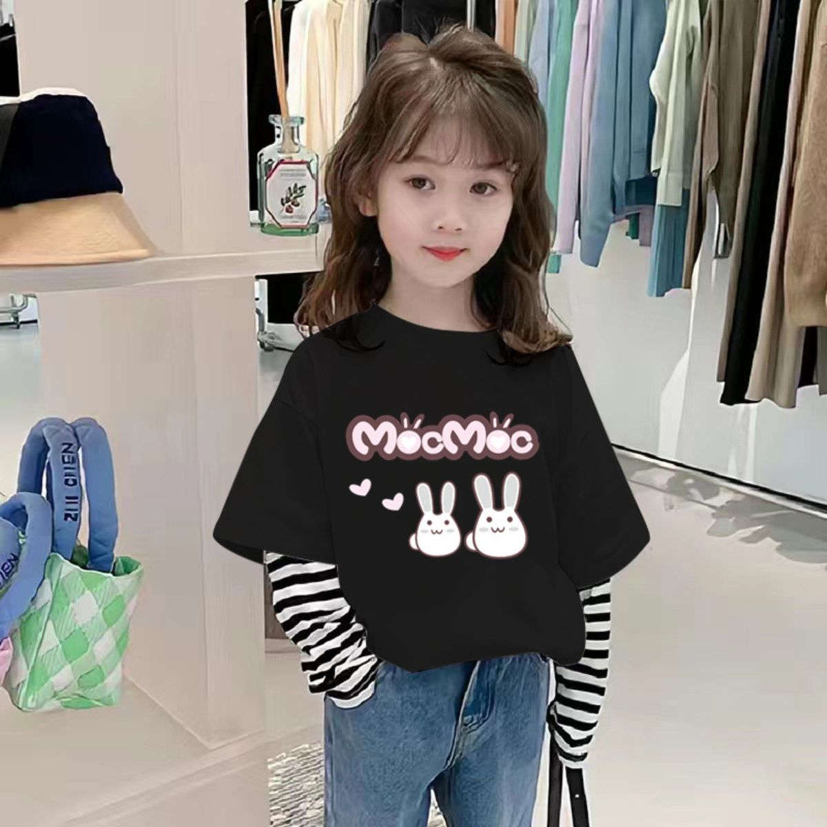 Girls long-sleeved pure cotton t-shirt fake two-piece new children's autumn clothing tops baby spring and autumn t-shirt