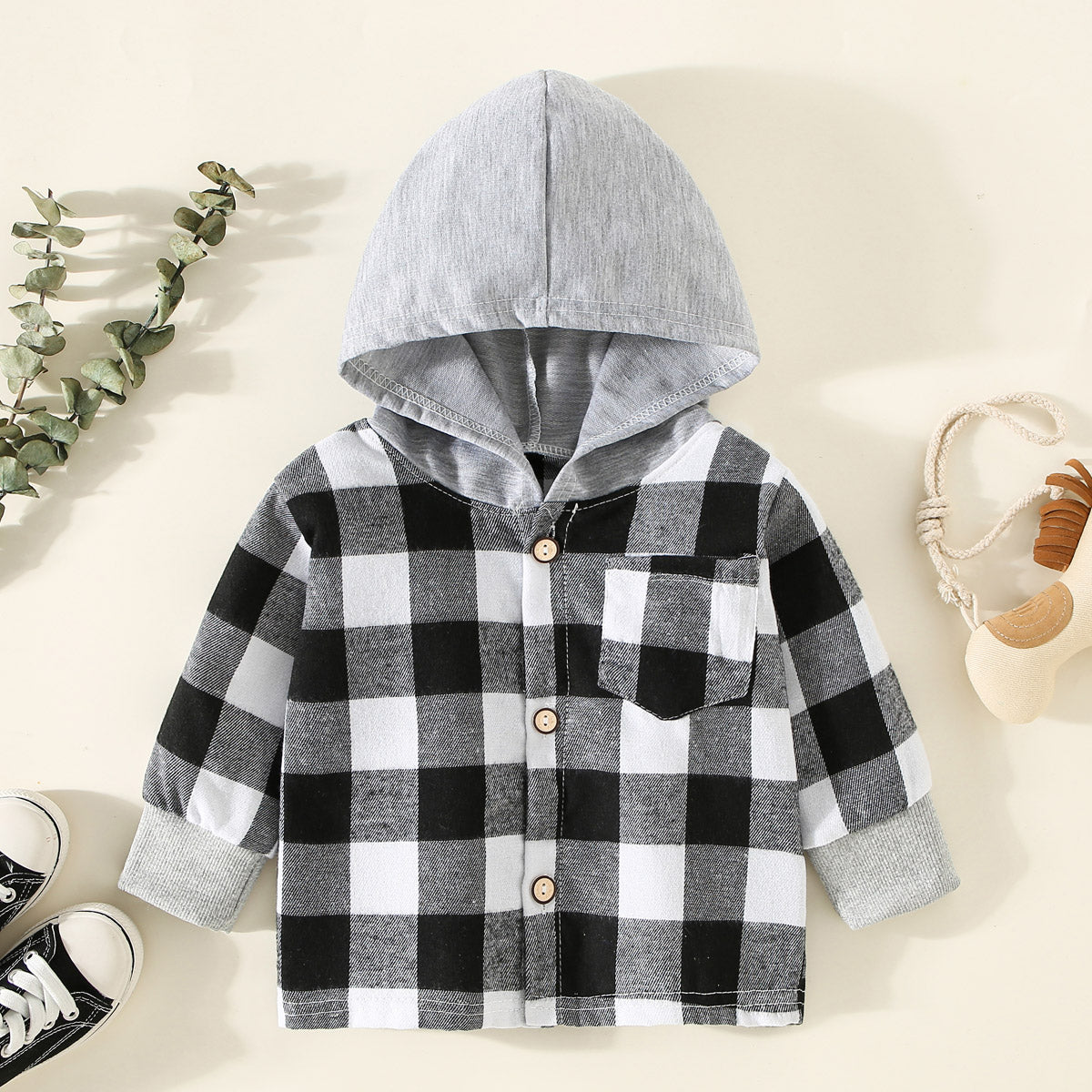 Children's spring and autumn shirts, children's clothing, boys' hooded plaid shirts, girls' baby long-sleeved plaid bottoming coats and tops