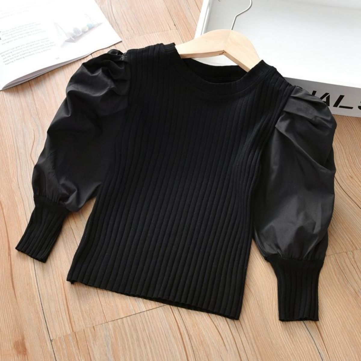 Girls' bottoming shirt new style children's puff sleeves ribbed long-sleeved T-shirt outer wear baby casual top