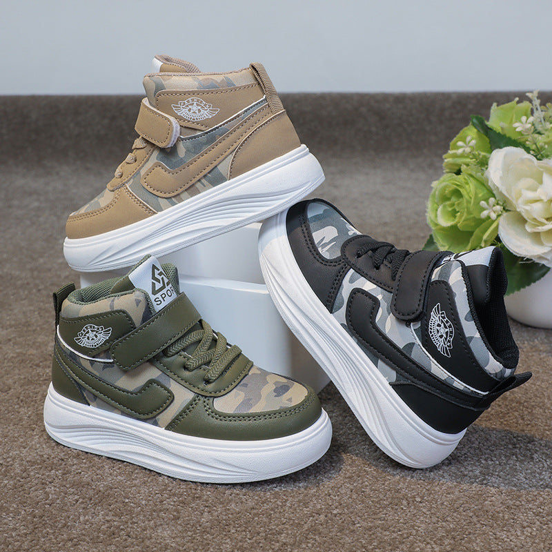 Middle and large boys spring and autumn camouflage sports style Velcro non-slip high-top sneakers