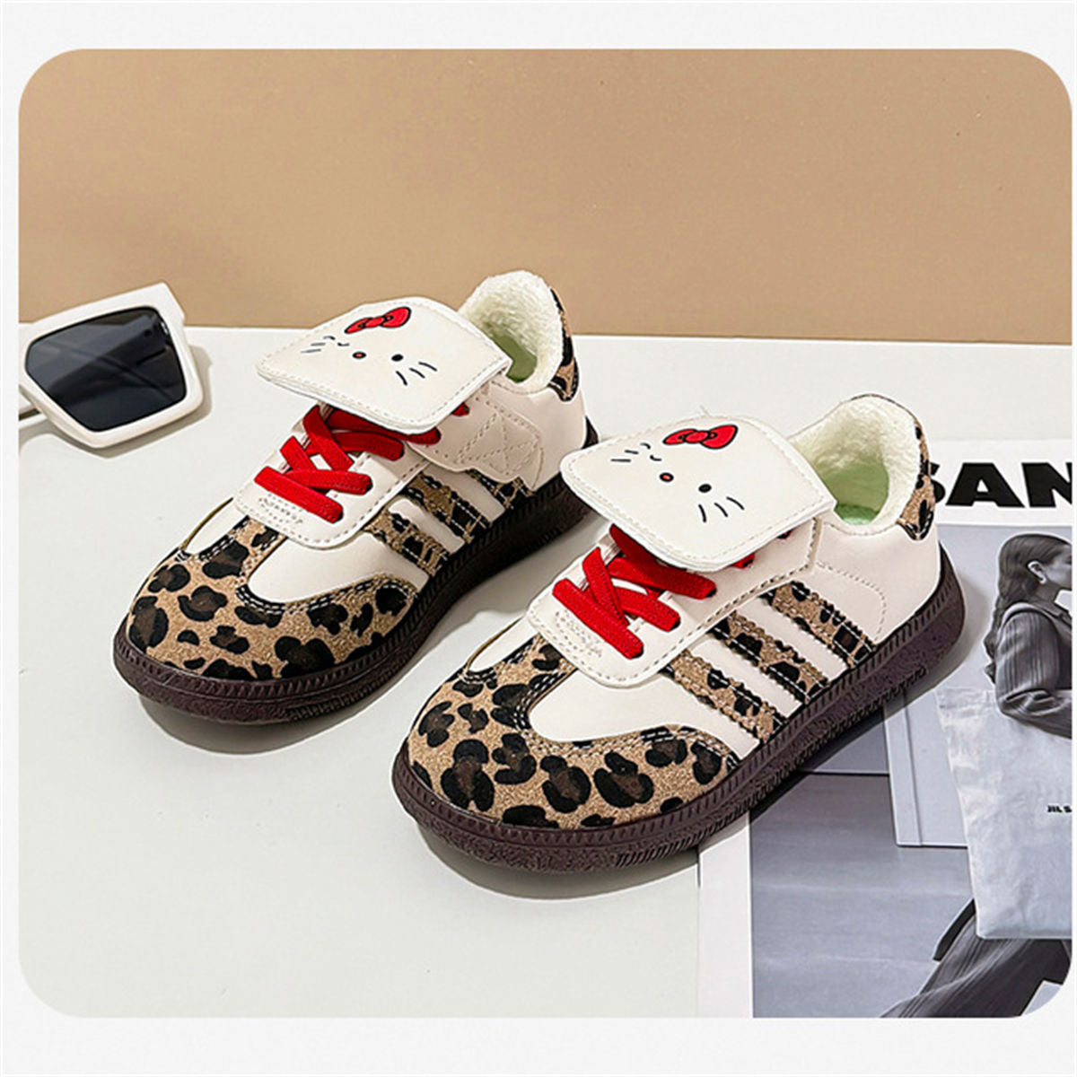 Middle and large girls autumn Kate cat leopard print soft bottom low top canvas shoes