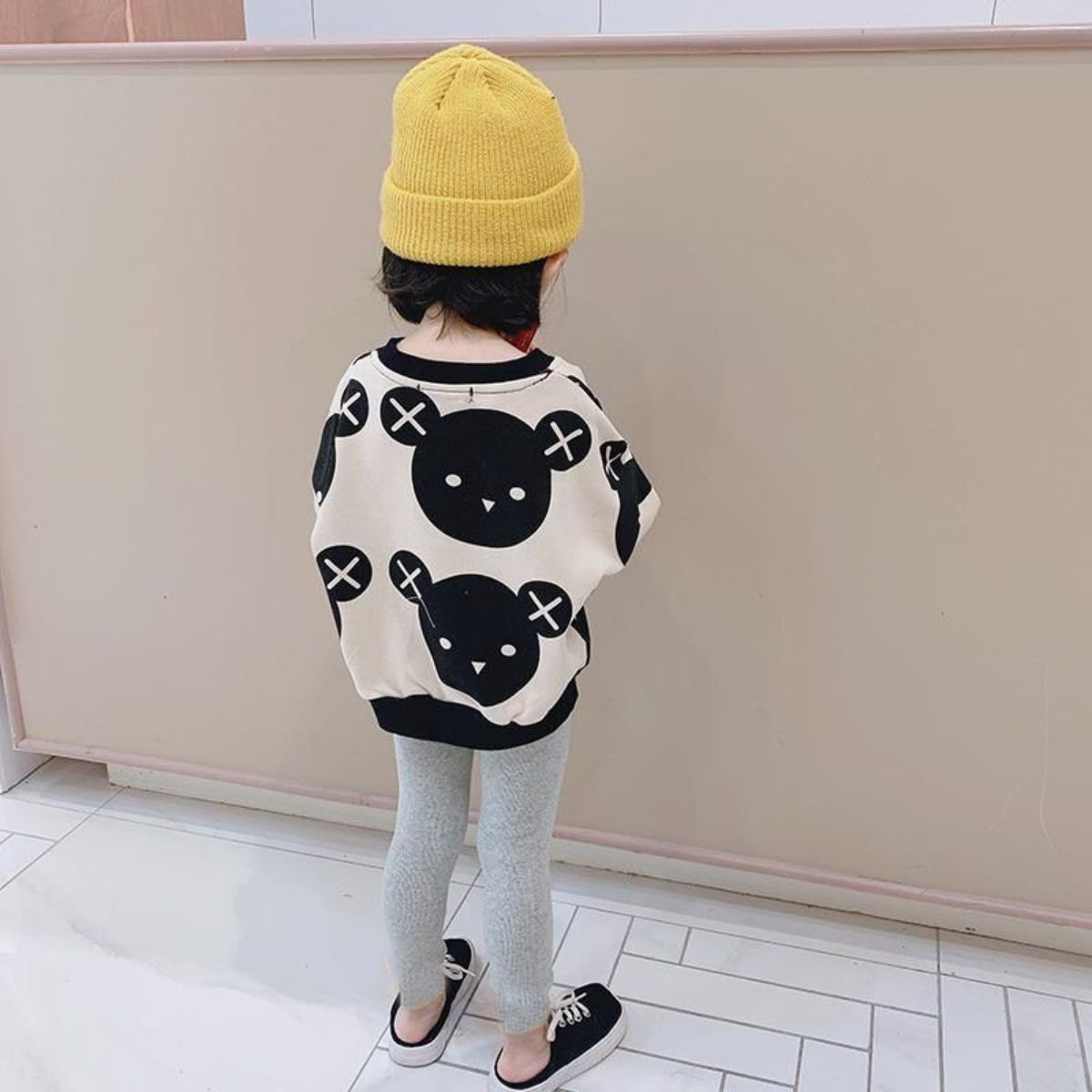 Girls Spring and Autumn Sweater New Style Children's Long Sleeve Bear Small and Medium Children Two-piece Cartoon Suit