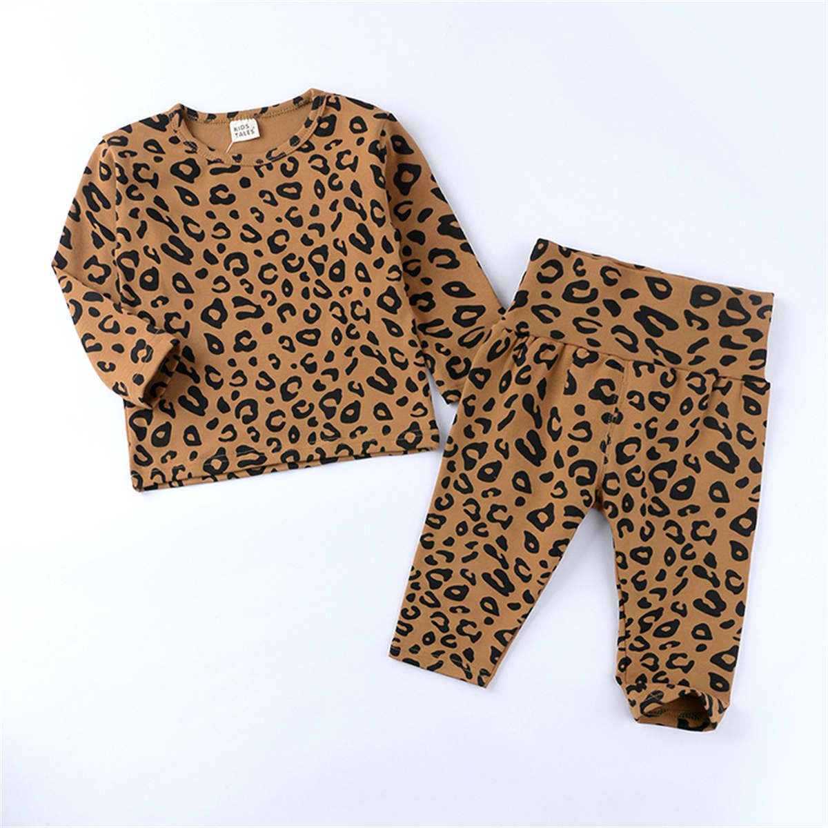 Children&#39;s leopard print stretch pajamas high waist belly protection two-piece set