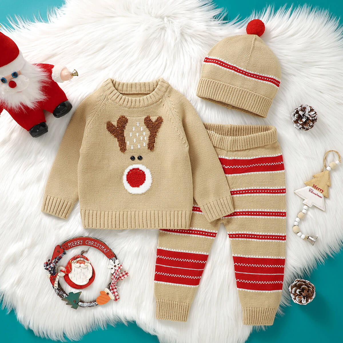 Baby Christmas Elk Jacquard Knitted Set + Hat