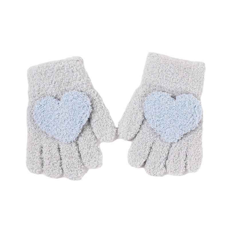 Children's Girls Love Knitted Autumn and Winter Five-Finger Warm Thickened Gloves