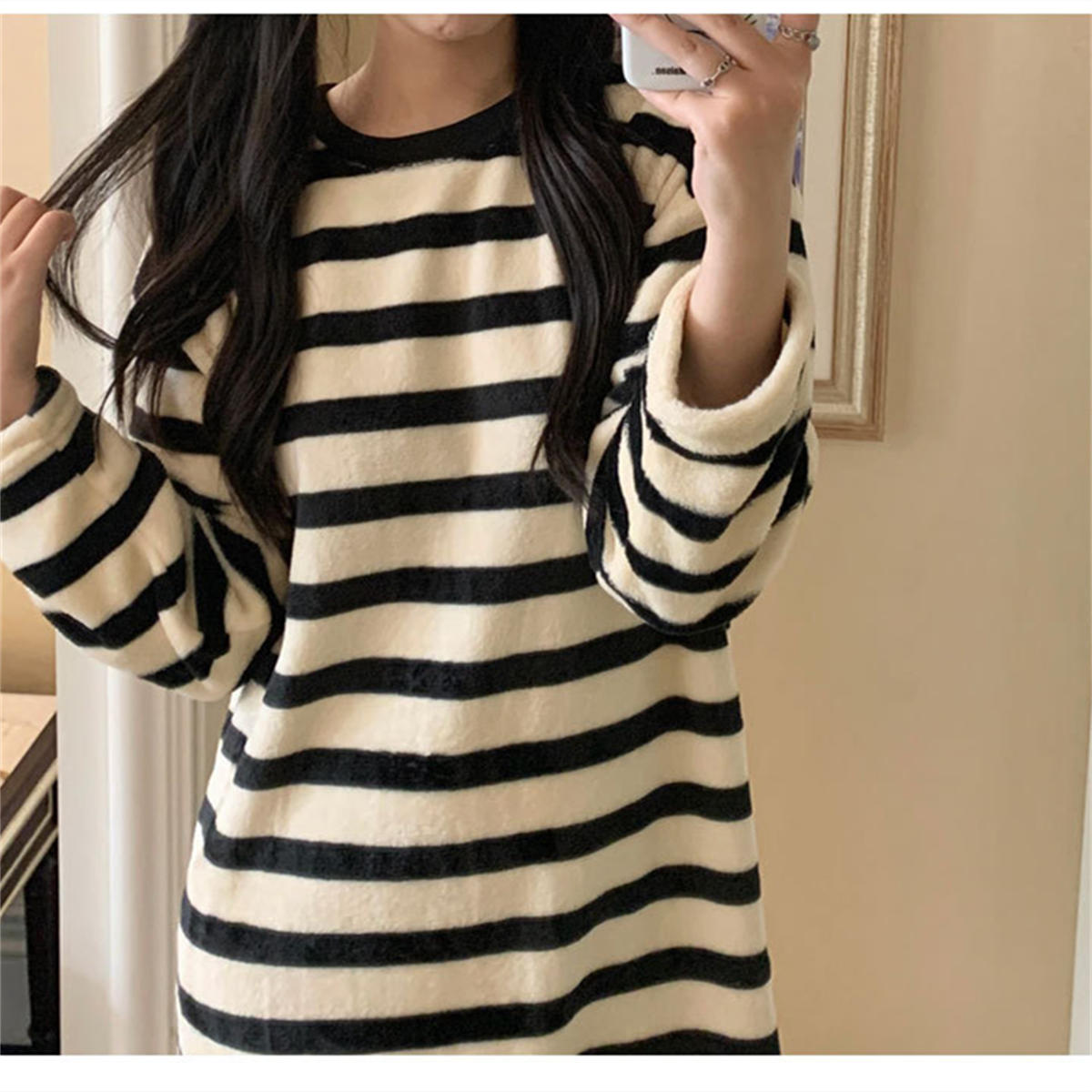 Striped flannel nightdress women's autumn and winter long sleeve home dress