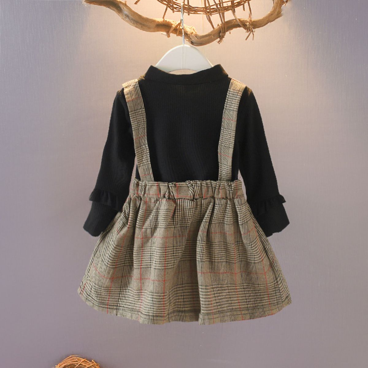 Girls dress spring and autumn baby fake 2 pieces fashionable children's skirt plaid little girl princess skirt