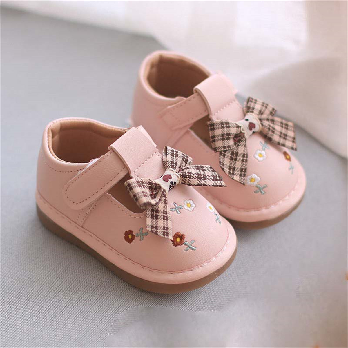 Baby Girls Cute Embroidered Bowknot Soft Sole Velcro Leather Shoes