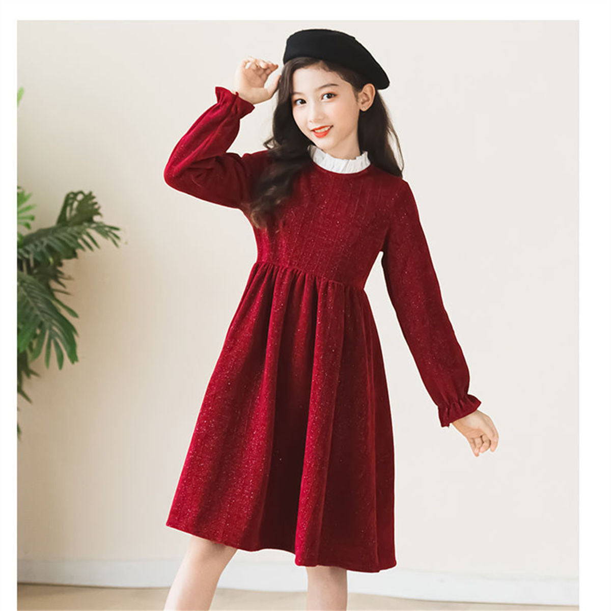 Autumn red temperament style lace long-sleeved dress for middle and large girls