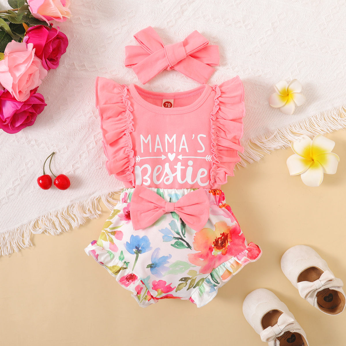 3-piece Baby Girl Ruffled Letter Printed Sleeveless Top & Allover Printing Bowknot Decor Shorts & Headwrap