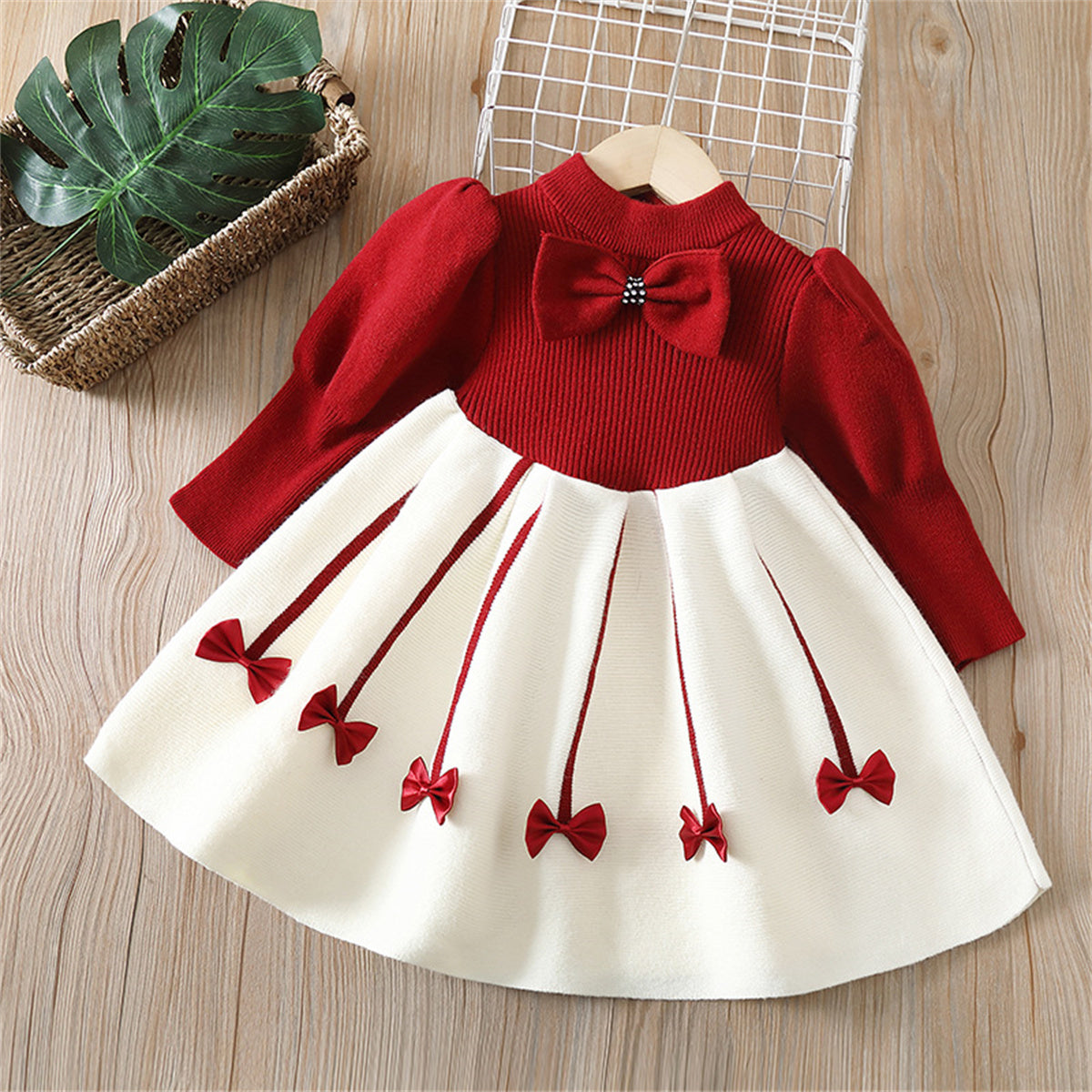 Girls sweater dress children's sweater knitted long skirt autumn and winter new bow small fragrance style sweet princess skirt