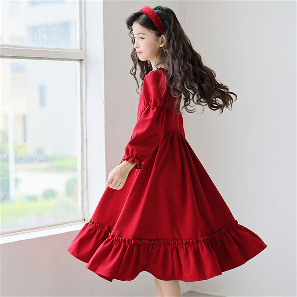 Autumn red elegant lady-style lace long-sleeved dress for middle and large girls