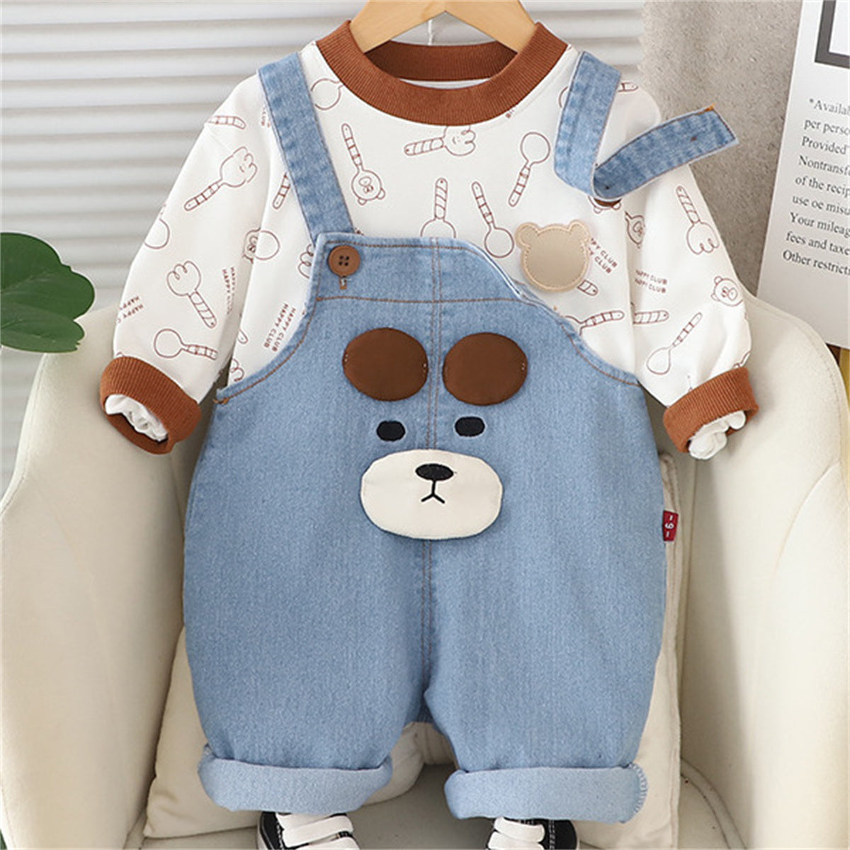 Boys Spring and Autumn Cartoon Denim Overalls Two-piece Set