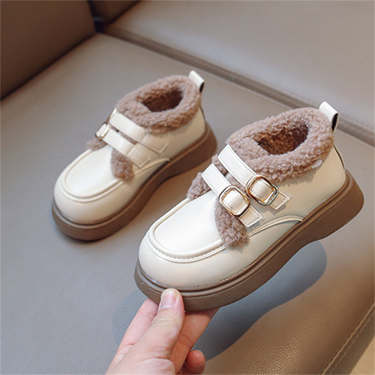 Children's girls' winter style British style plus velvet warm leather shoes low-top cotton shoes