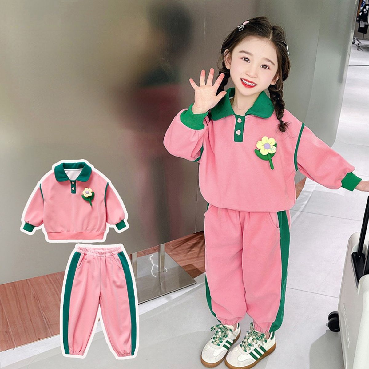 Girls Autumn Lapel Flower Colorblock Sports Suit