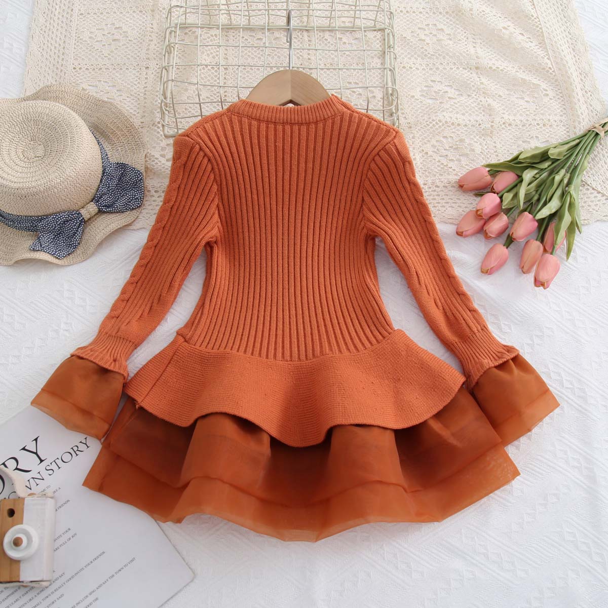 Multicolor Autumn Children's Clothing Knitted Long Sleeve Girls Princess Organza Sweater Dress