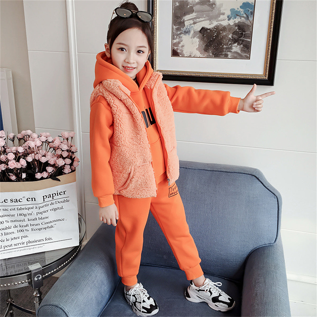 3-piece set for middle and large children and girls, solid color, letter style, casual urban style, fur vest, multi-piece set