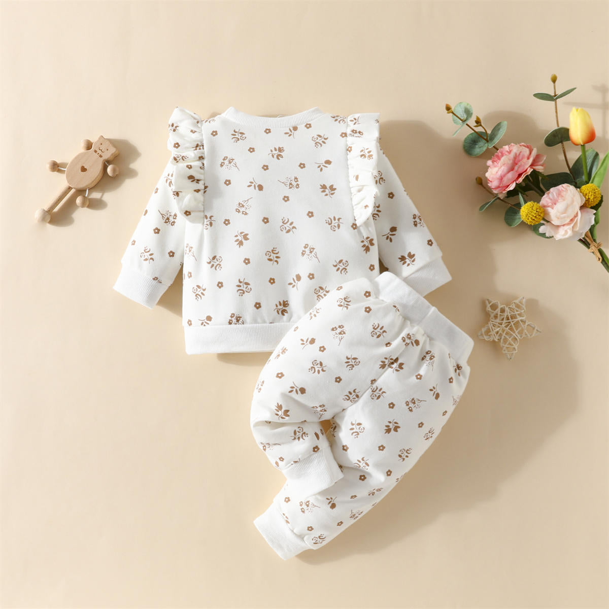 Infant Clothing Flower Long Sleeve Ruffle Top Pants Girls Set