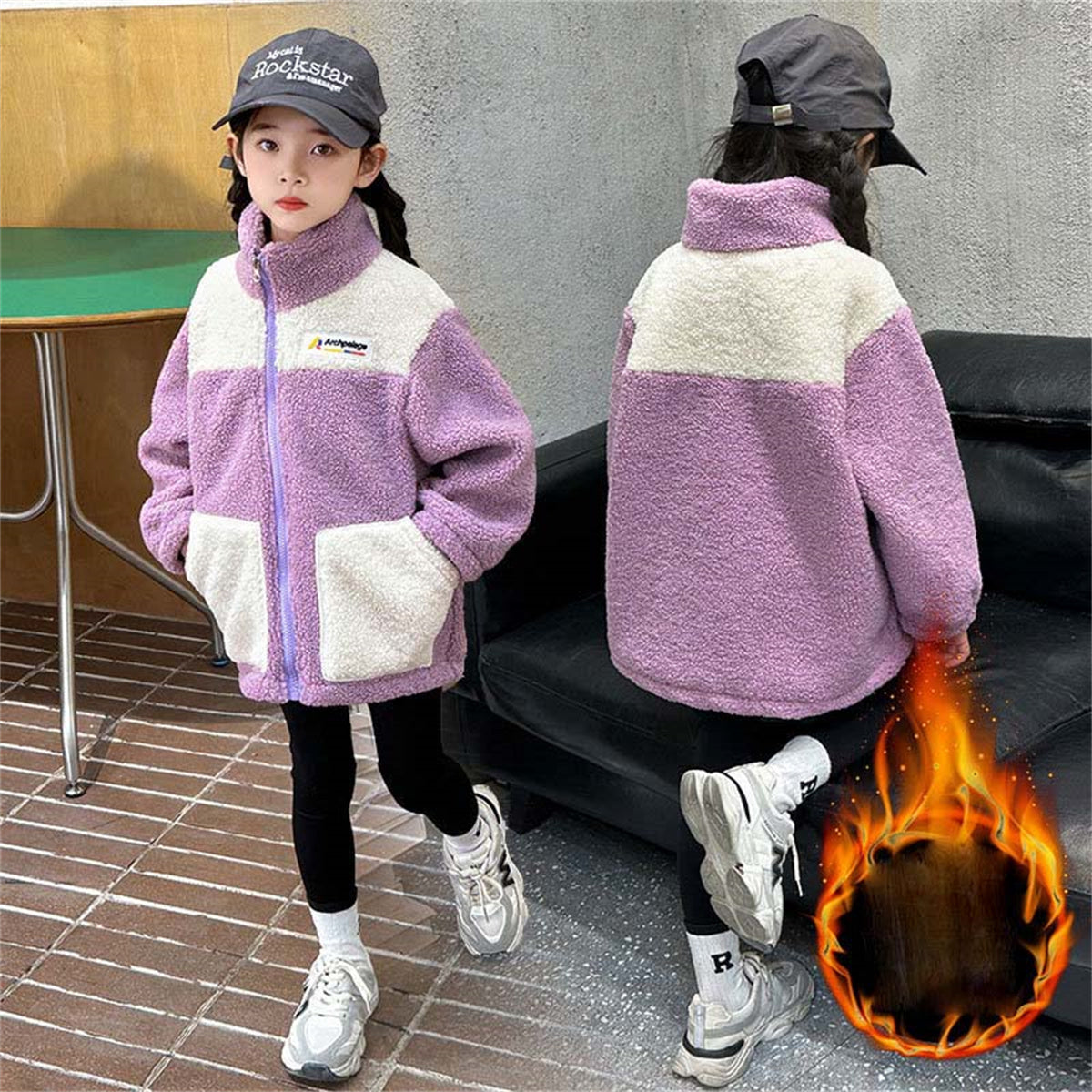 Winter plush and thickened color matching casual jacket for boys and girls