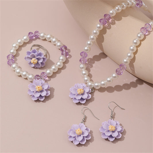 Children's 4-piece design sweet style imitation pearl flower pendant jewelry set