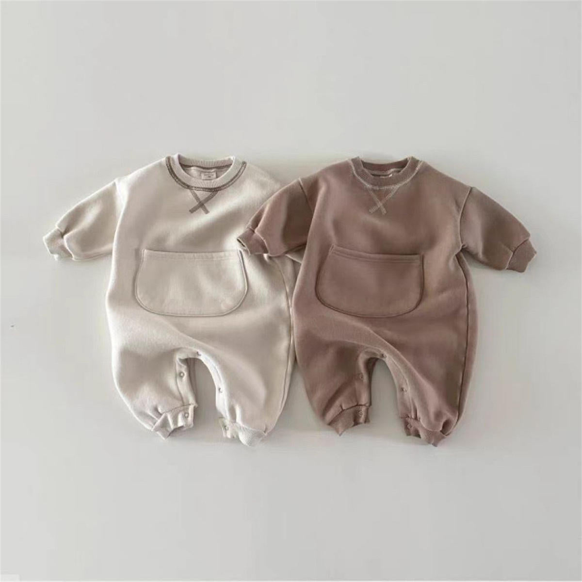 Baby solid color kangaroo pocket belly long sleeve long crawling clothes spring and autumn