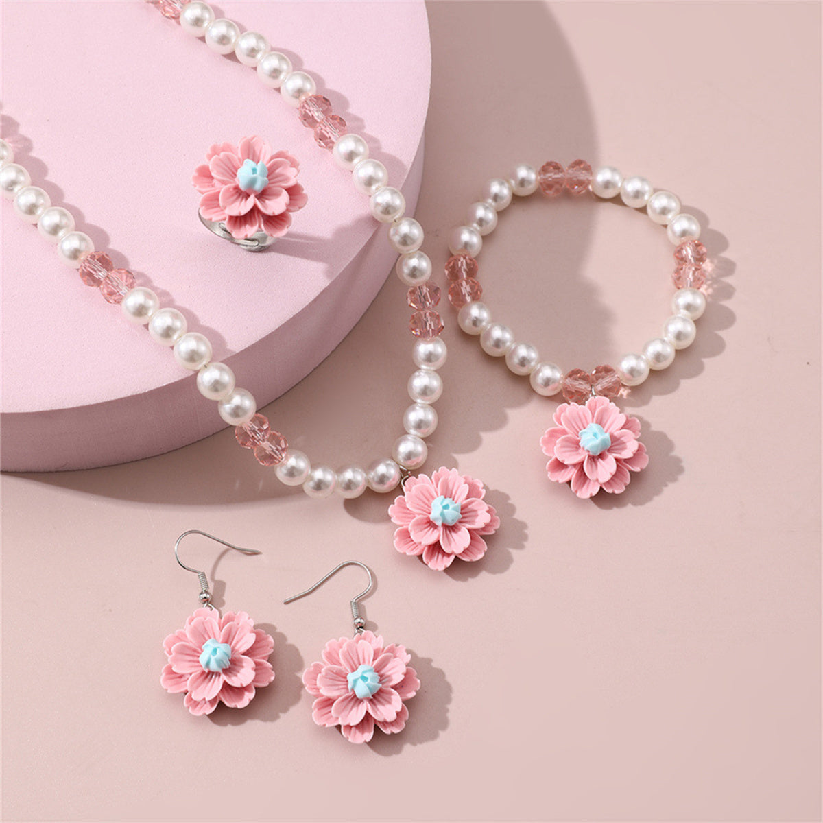 Children's 4-piece design sweet style imitation pearl flower pendant jewelry set