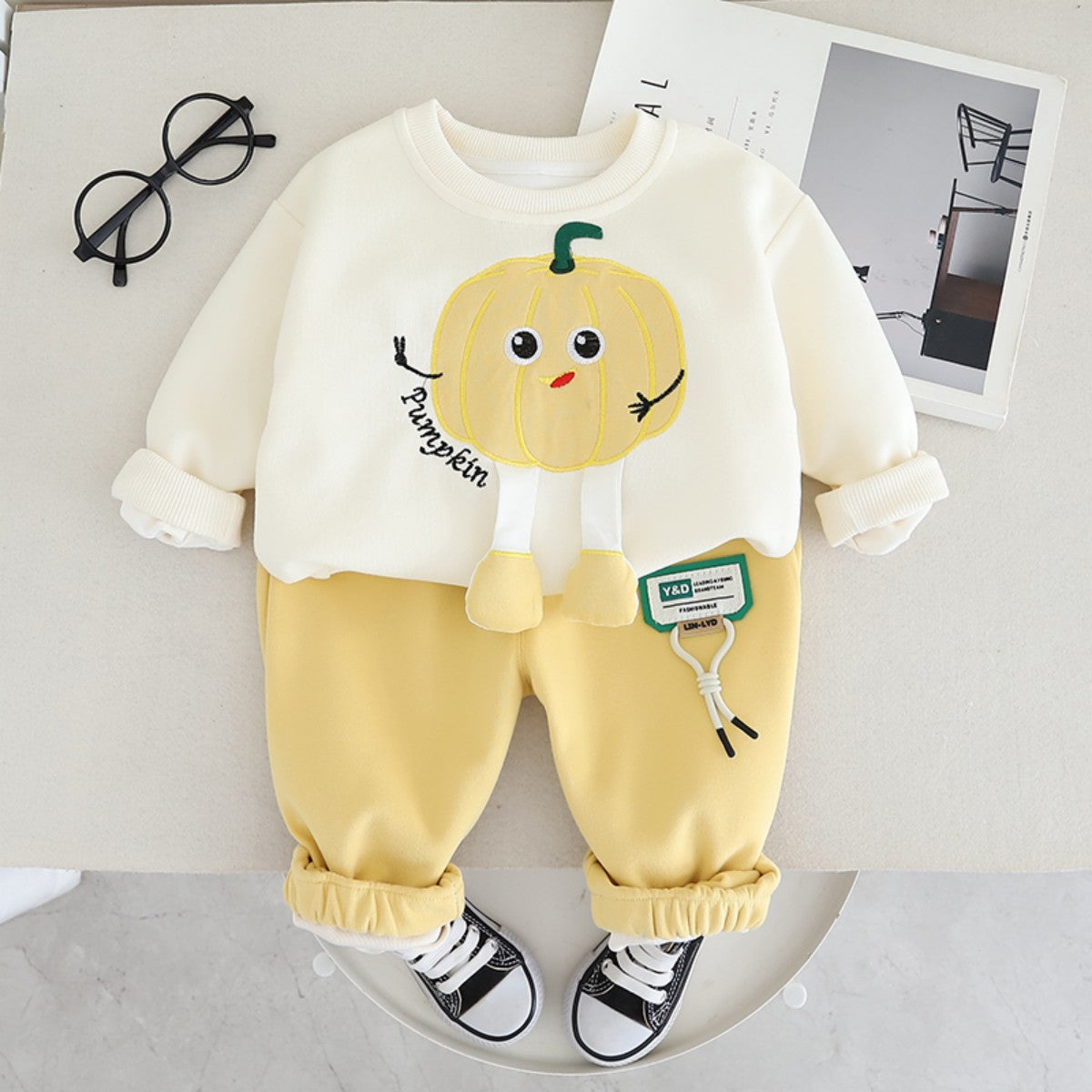 Boys' new style cartoon pumpkin children's clothes spring and autumn fashionable all-match sweater two-piece warm children's clothing