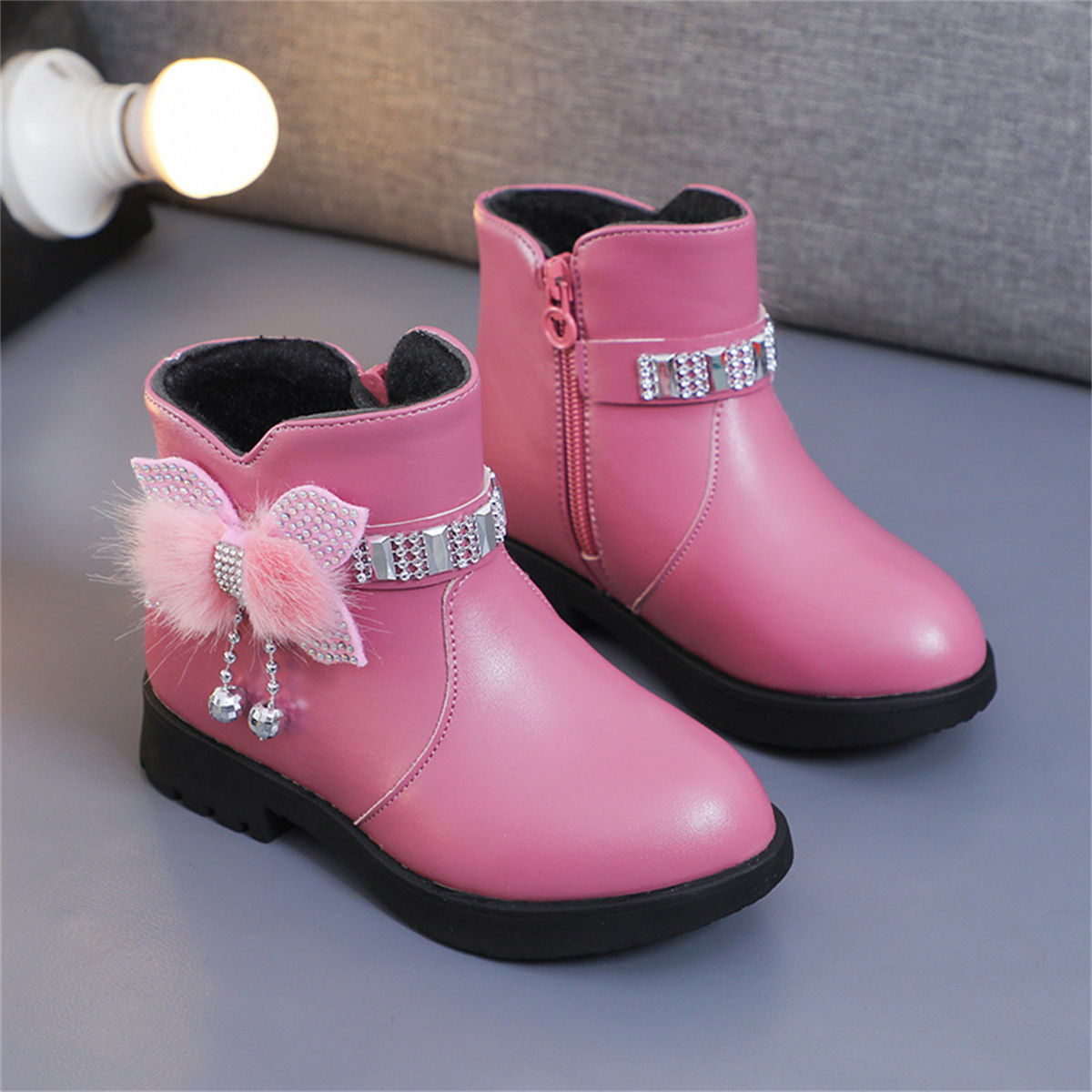 Cute furry and diamond warm waterproof Martin boots for girls in winter