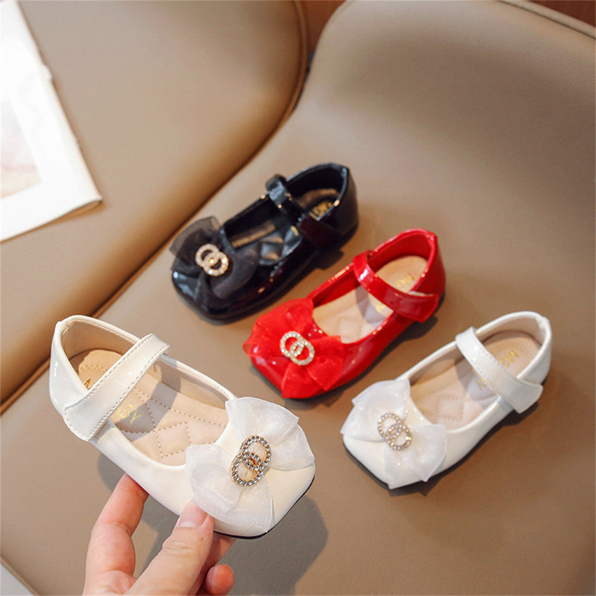 Sweet Chanel style square toe bow flat leather shoes for little girls