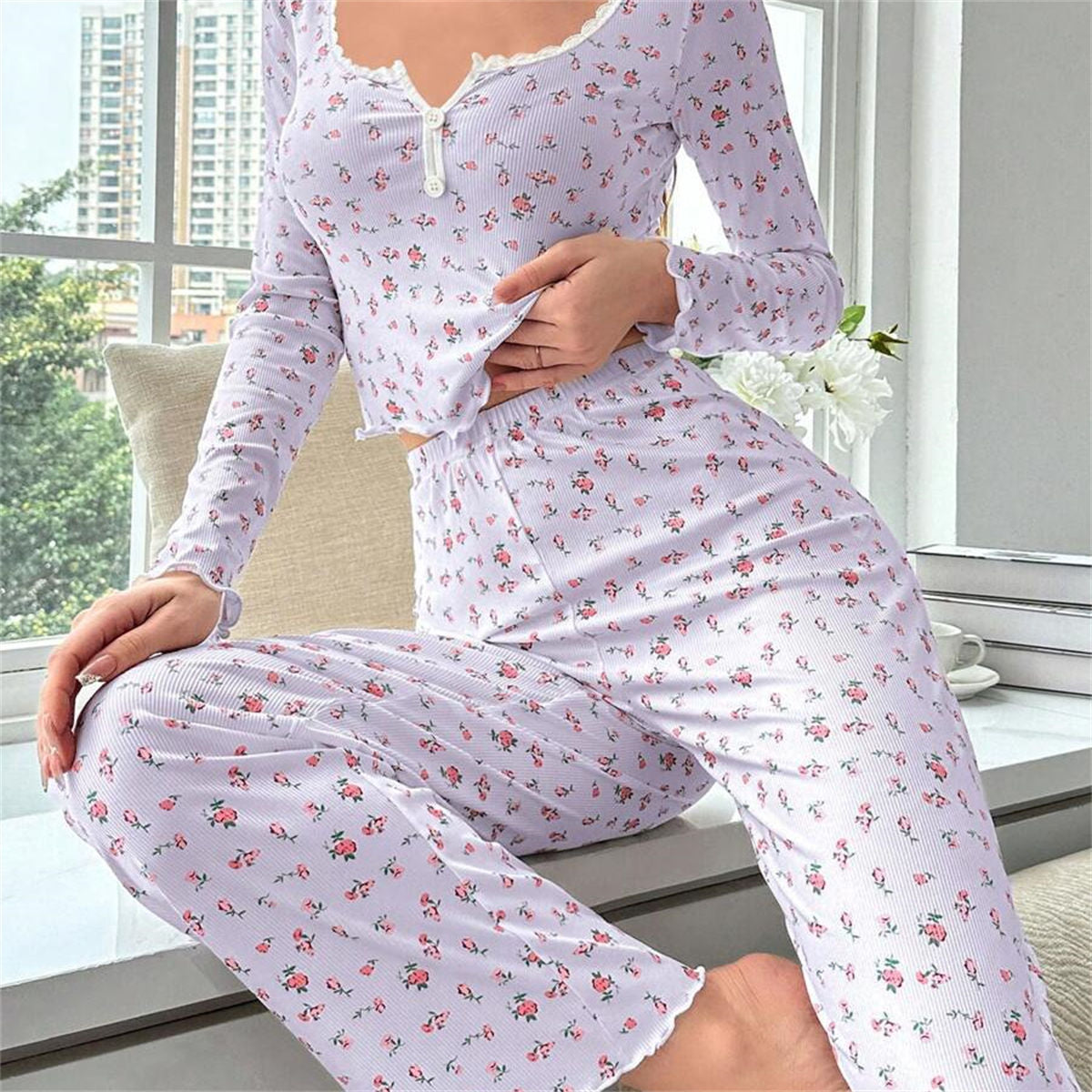 Home wear long sleeve long pants pajamas two piece set