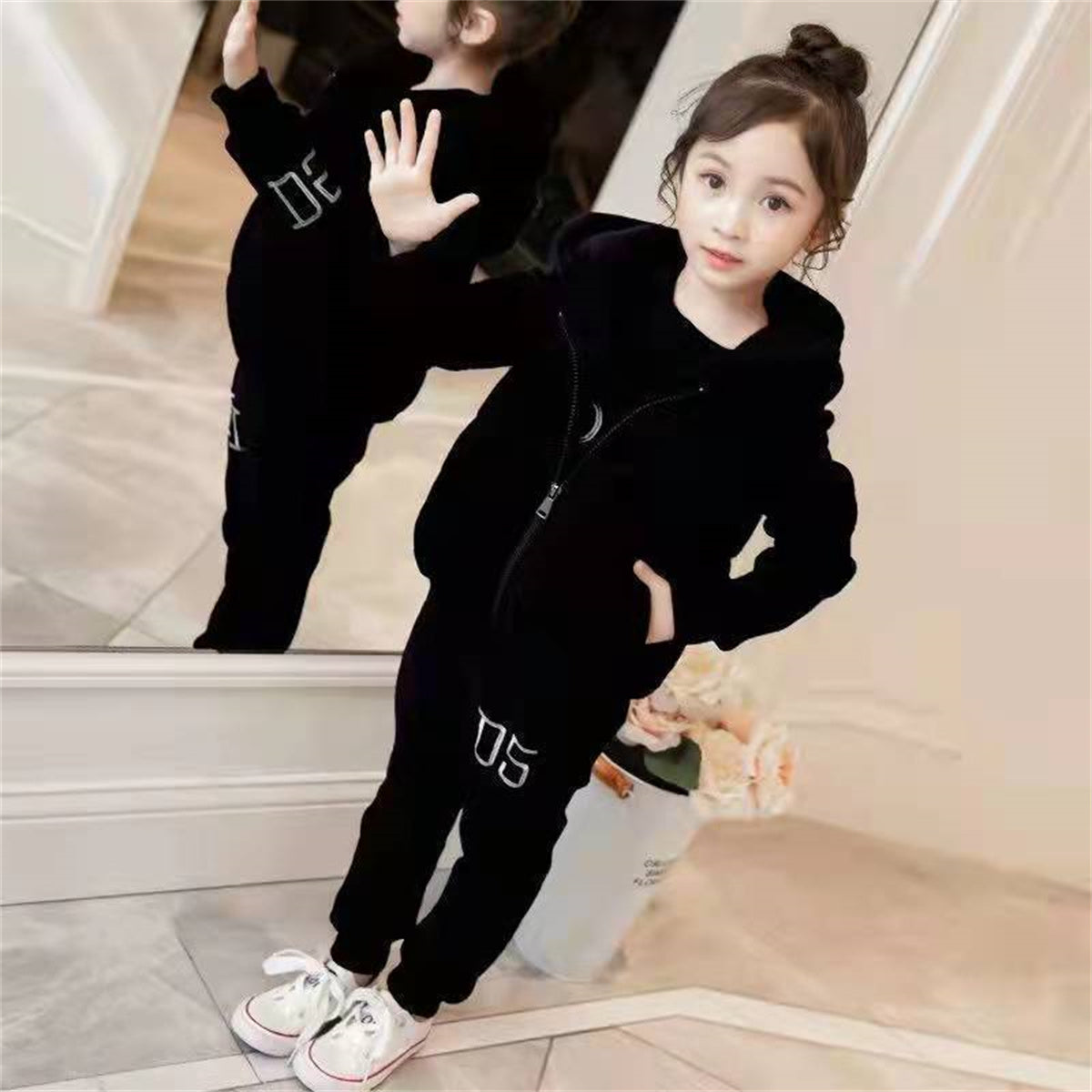 Medium and large girls casual sports style double-faced fleece casual sweatshirt three-piece set